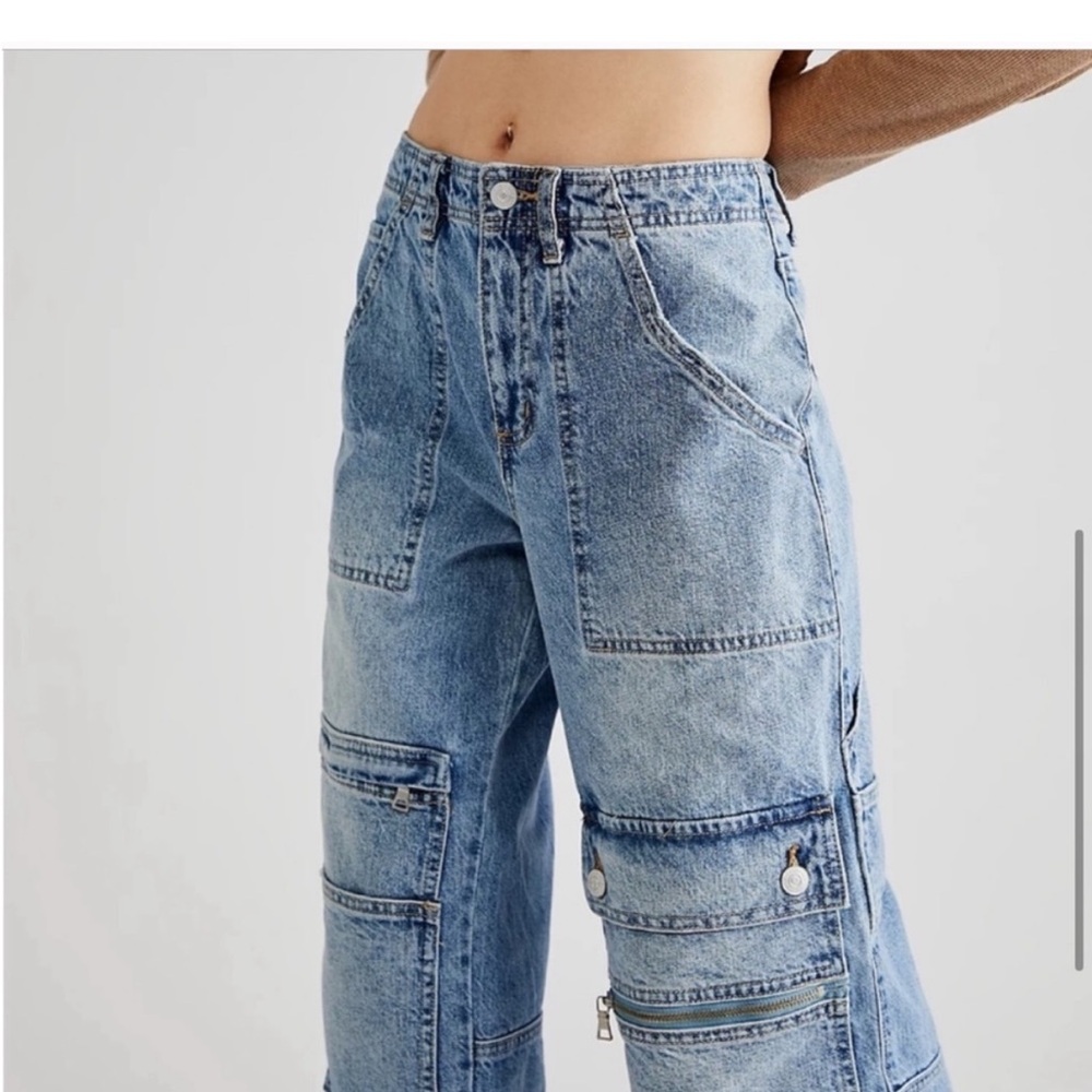 Free People CRVY Under Construction Utility Jeans Sz 32 Cargo Baggy Double Knee - Picture 3 of 10